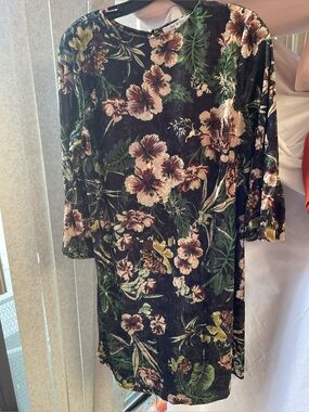 Joy & CO Velvet Floral Shift Dress in Black and Green